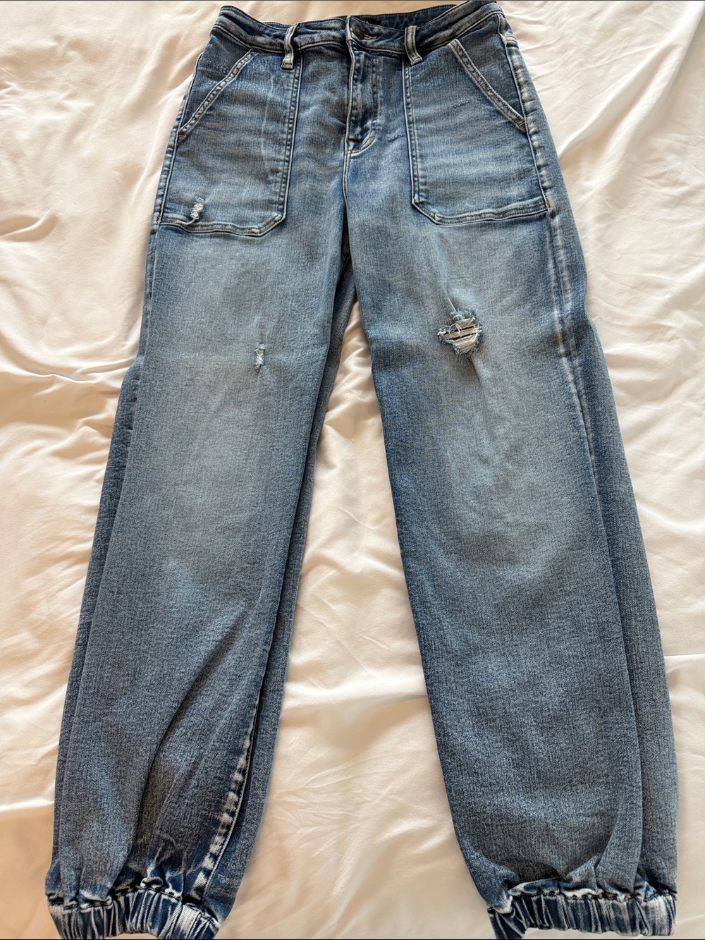 Aqua Light Blue Distressed Denim Joggers